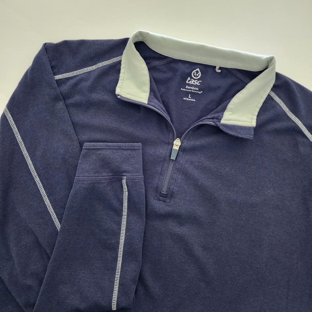 TASC Bamboo‎ blue 1/4 zip gray trim pullover light weight shirt mens size L